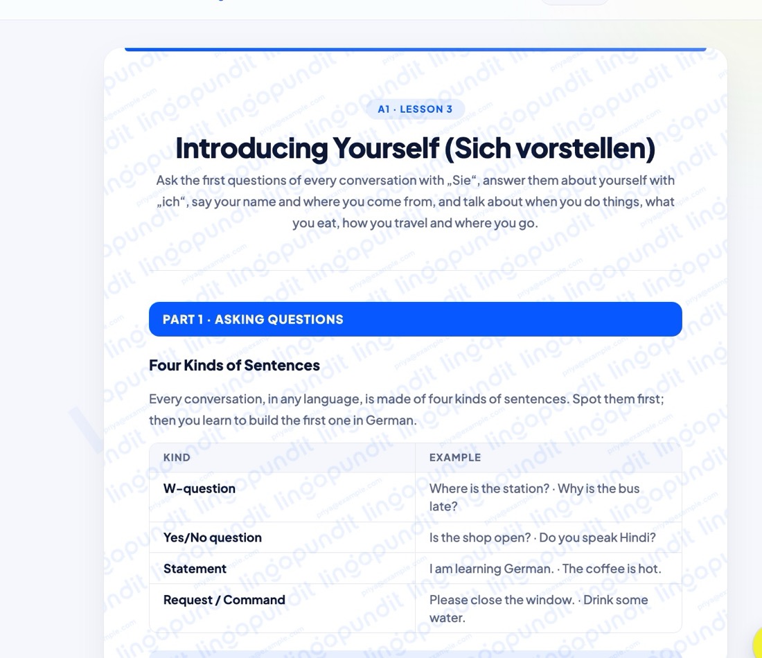 Lesson notes with a table of German sentence types