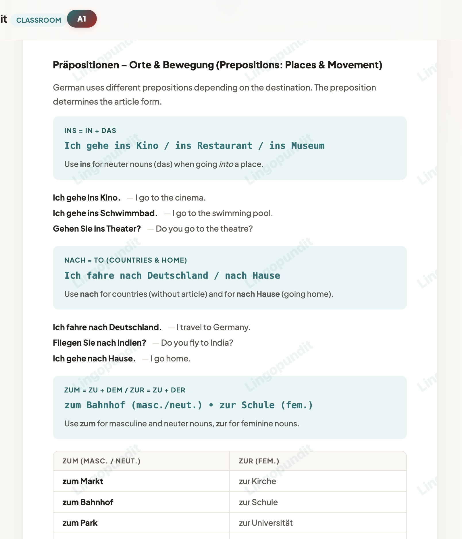 Comprehensive lesson notes in Lingopundit Classroom