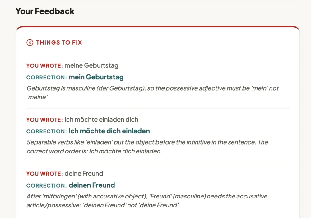 Instant feedback on a German text, every mistake corrected and explained